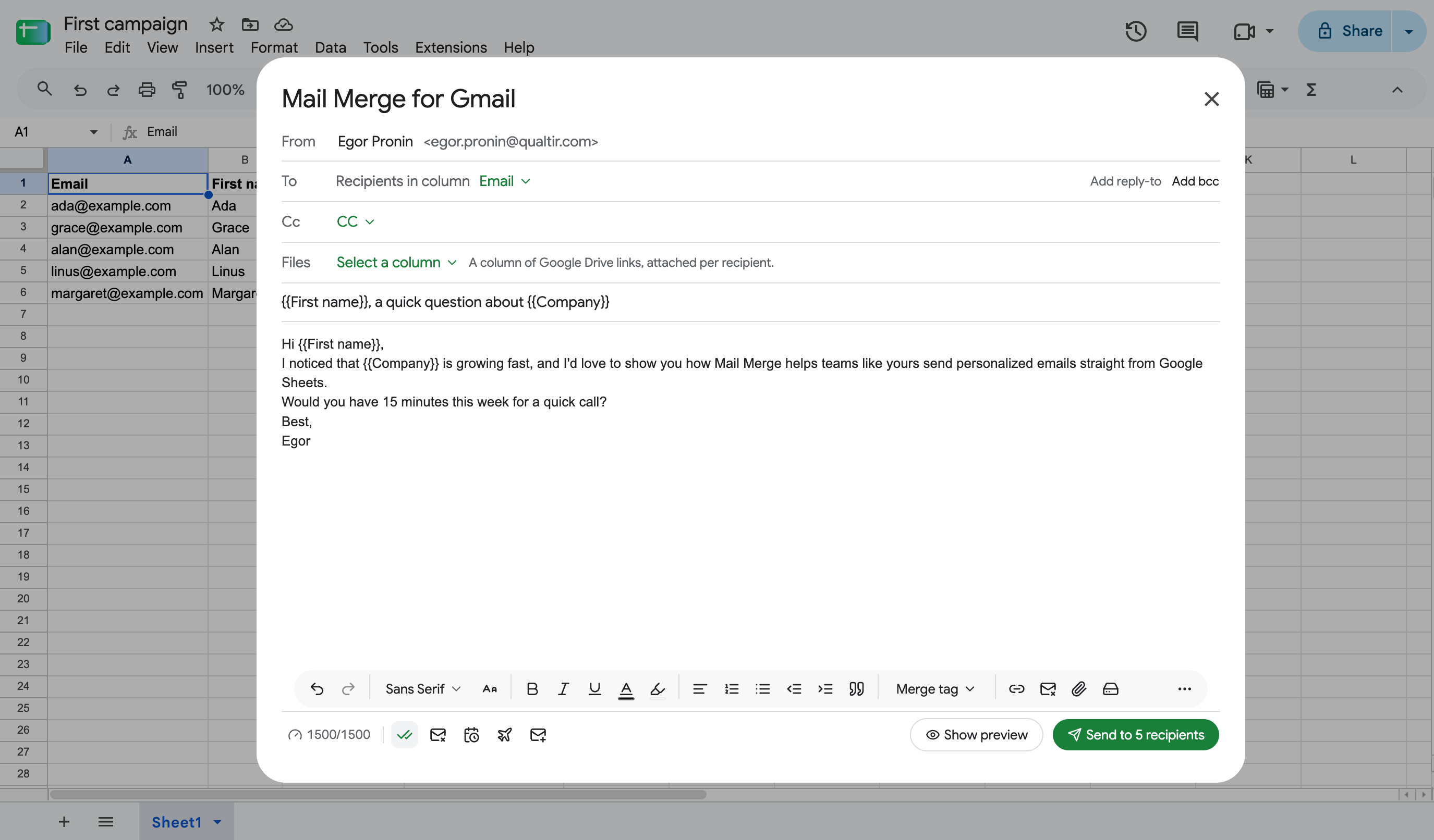 La ligne Fichiers du générateur, mappant une colonne de liens Google Drive