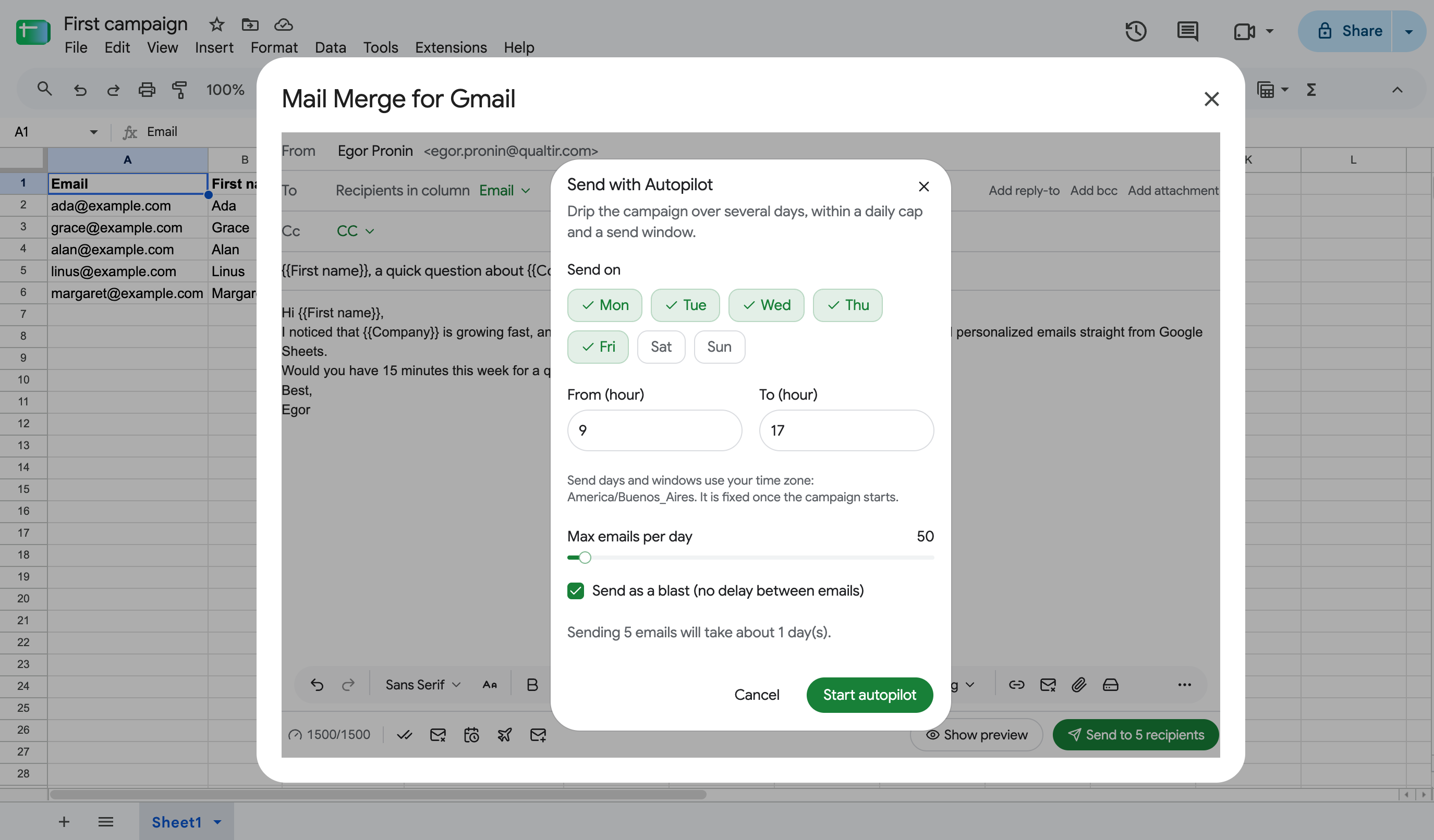La boîte de dialogue Send with Autopilot