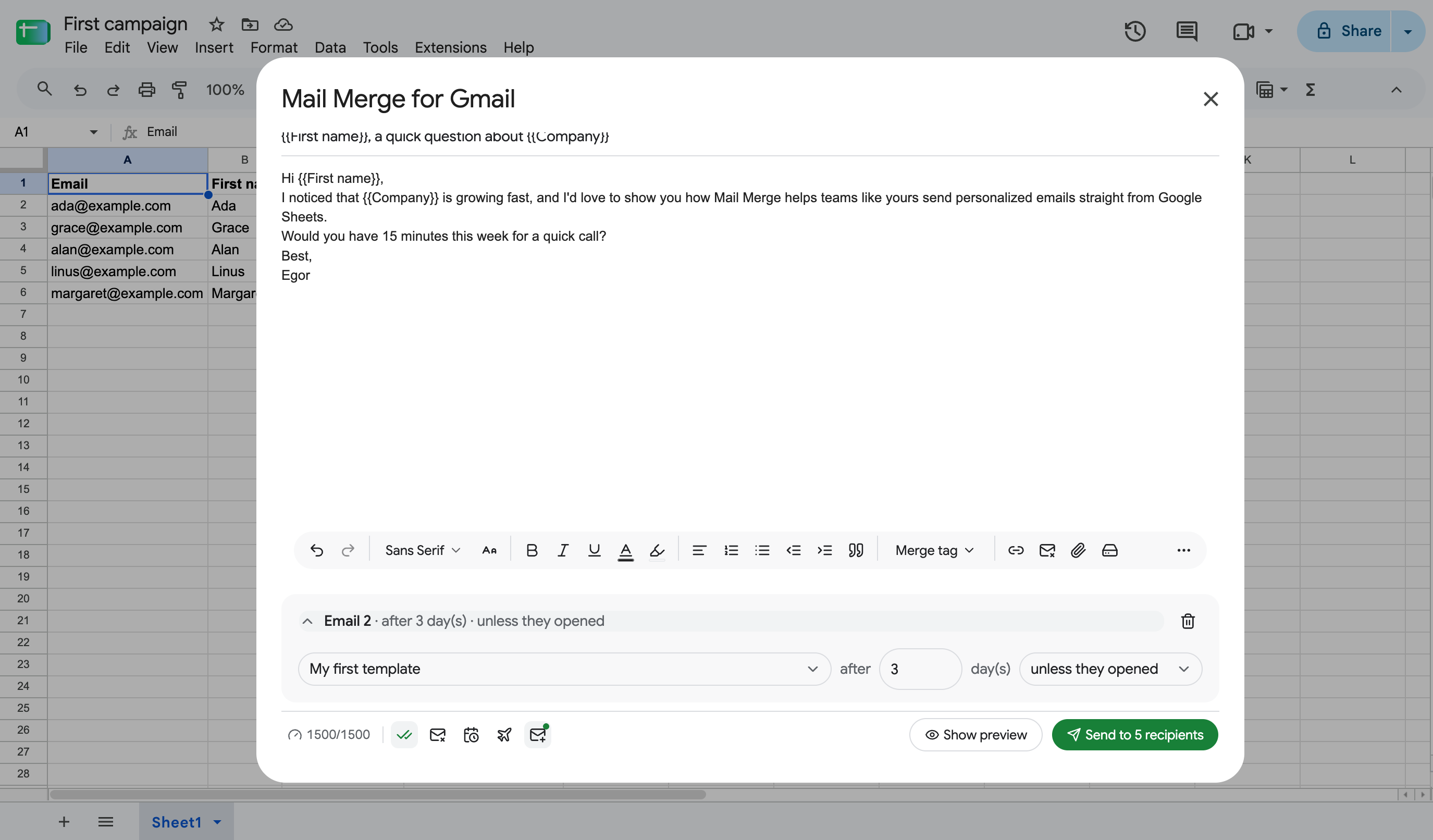 A follow-up step added under the campaign in Google Sheets