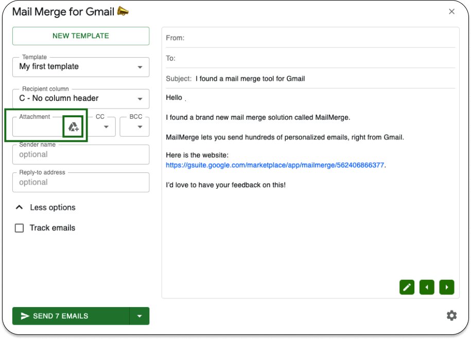 Thêm tệp đính kèm với Mail Merge for Gmail