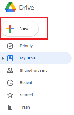 Trong Google Drive, nhấp vào "New" để tải lên tệp đính kèm trong tương lai của bạn