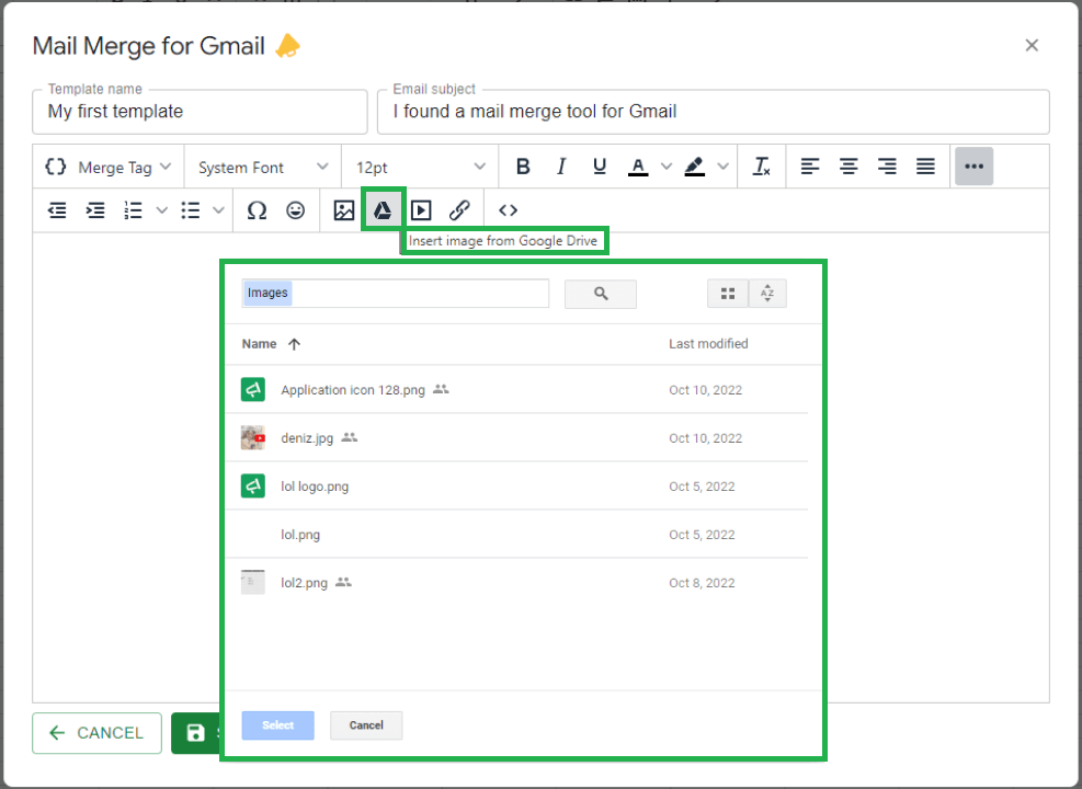 Wählen Sie "Bild aus Google Drive einfügen" und wählen Sie Ihr Bild