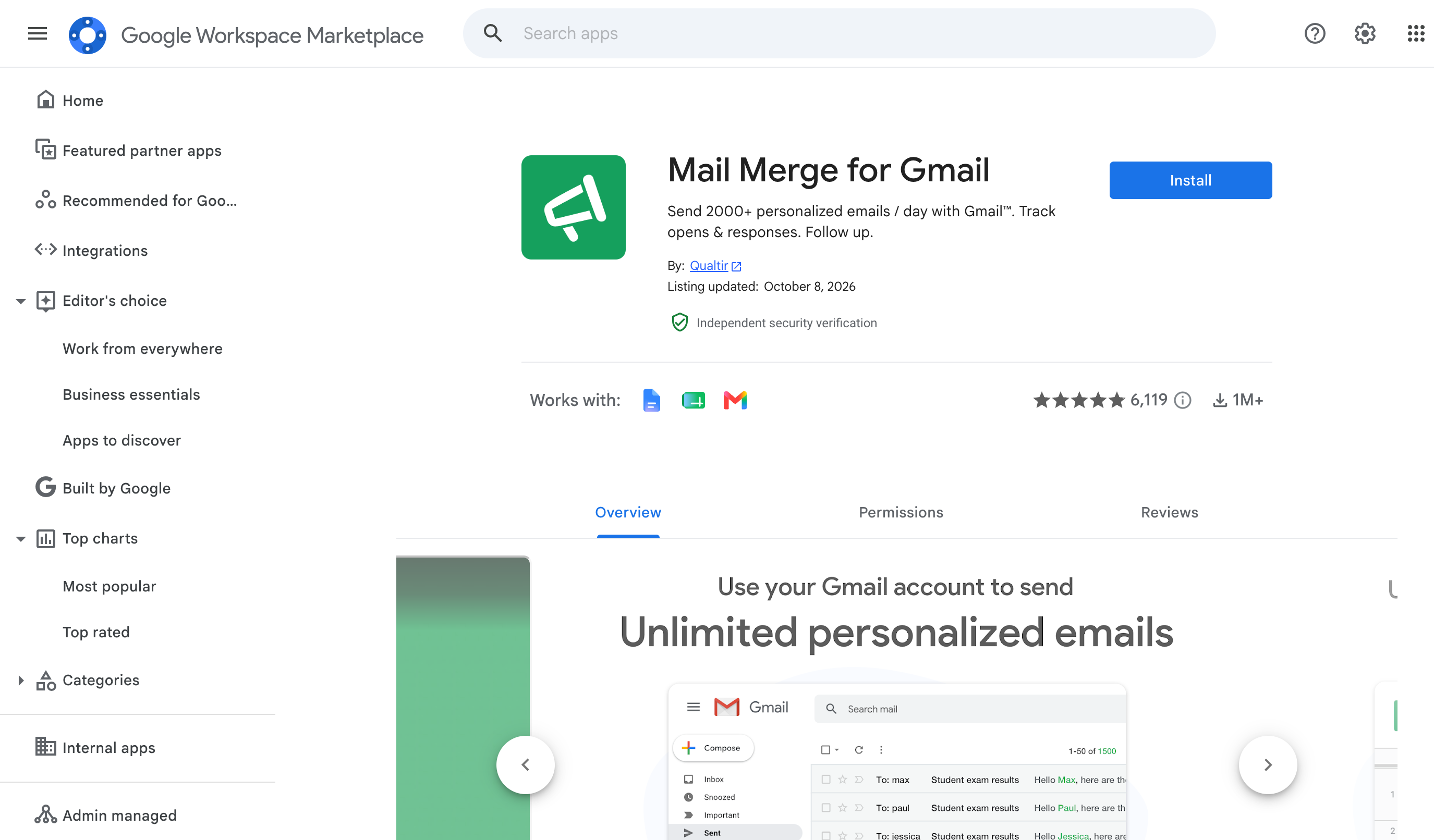 Mail Merge for Gmail on the Google Workspace Marketplace, with the Install button