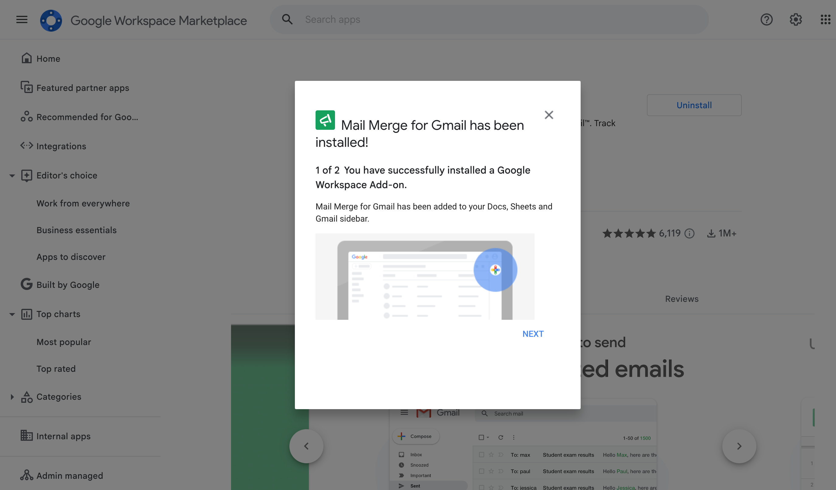 The Marketplace confirmation: Mail Merge for Gmail has been installed