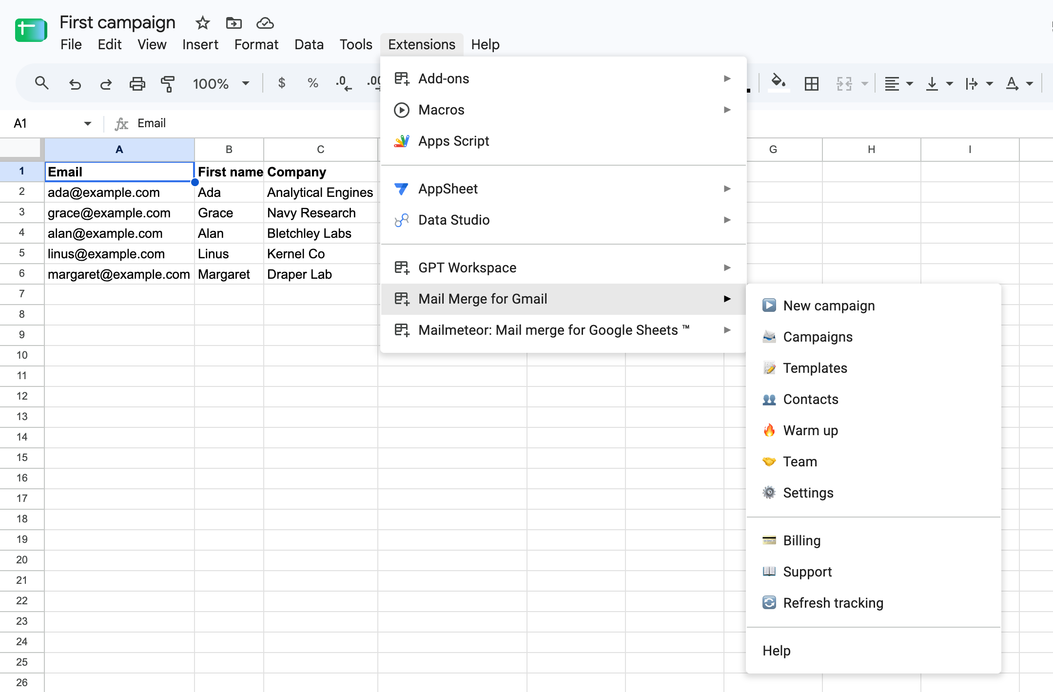 The Extensions menu in Google Sheets, with the Mail Merge for Gmail submenu open