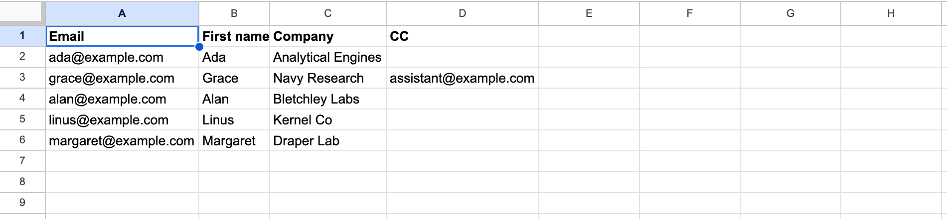 이메일, 이름, 회사 및 참조 열이 있는 Google Sheet