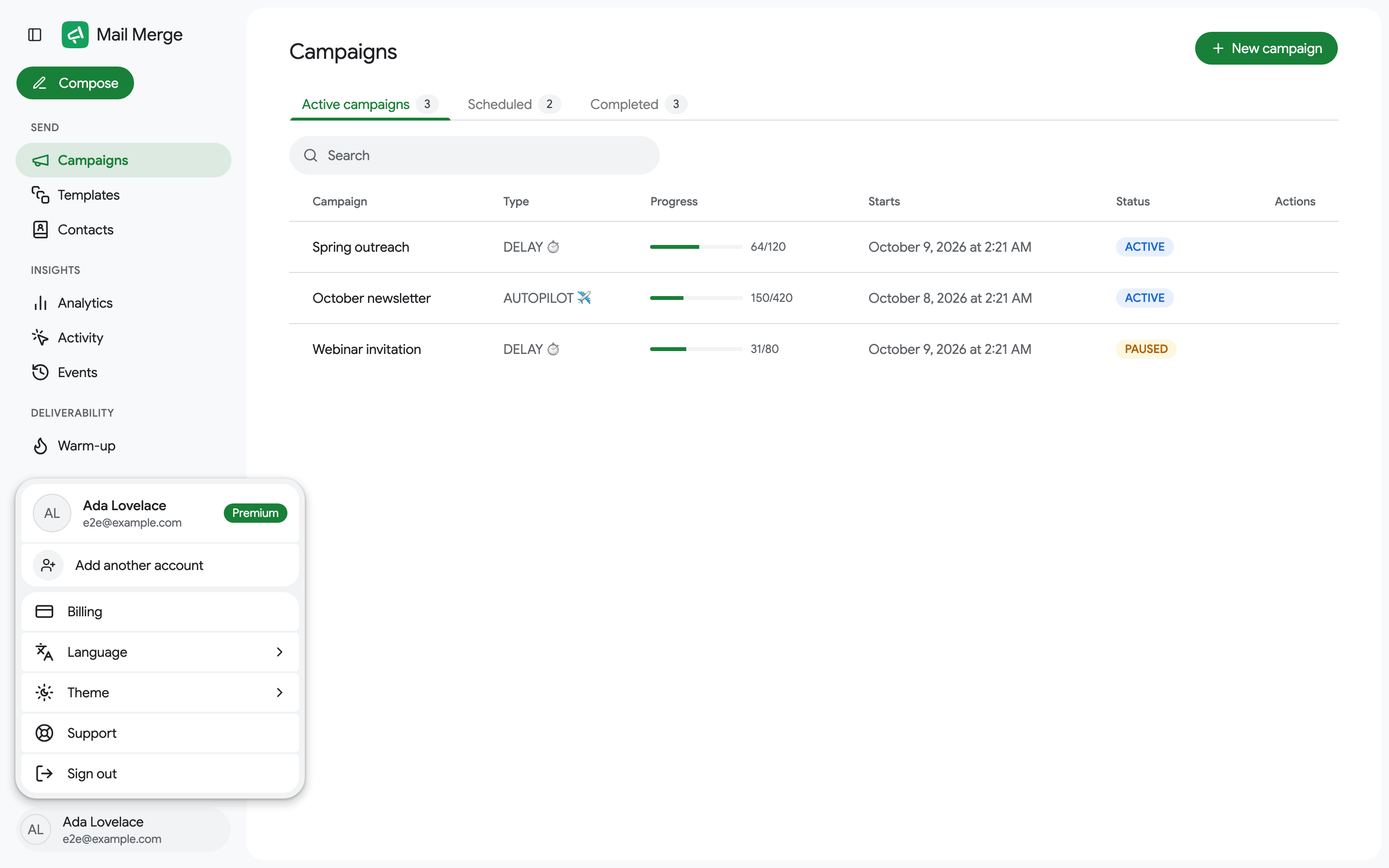 The account menu with the Billing entry
