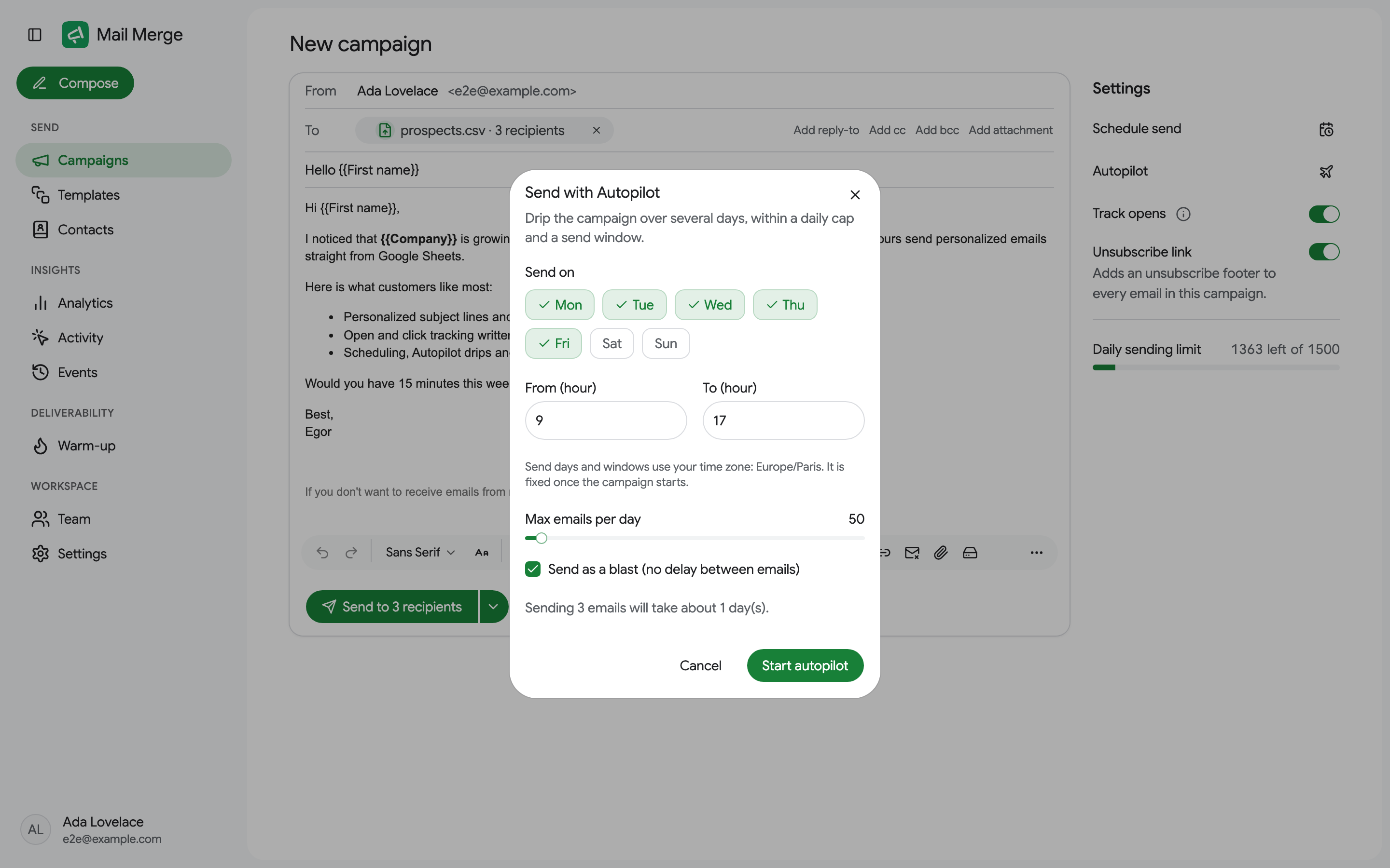 O diálogo Autopilot no aplicativo web