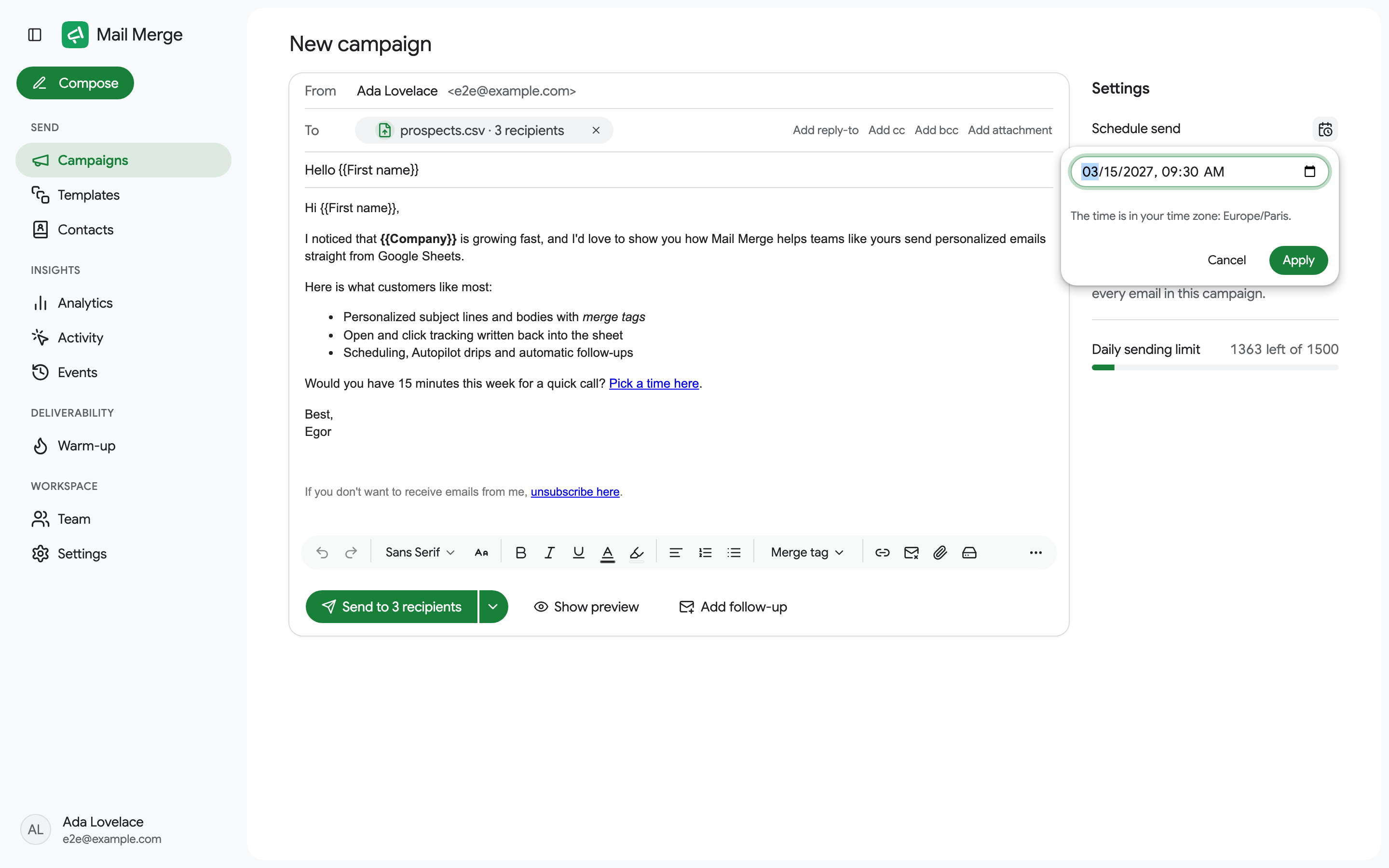 La fenêtre contextuelle Schedule send dans l'application web