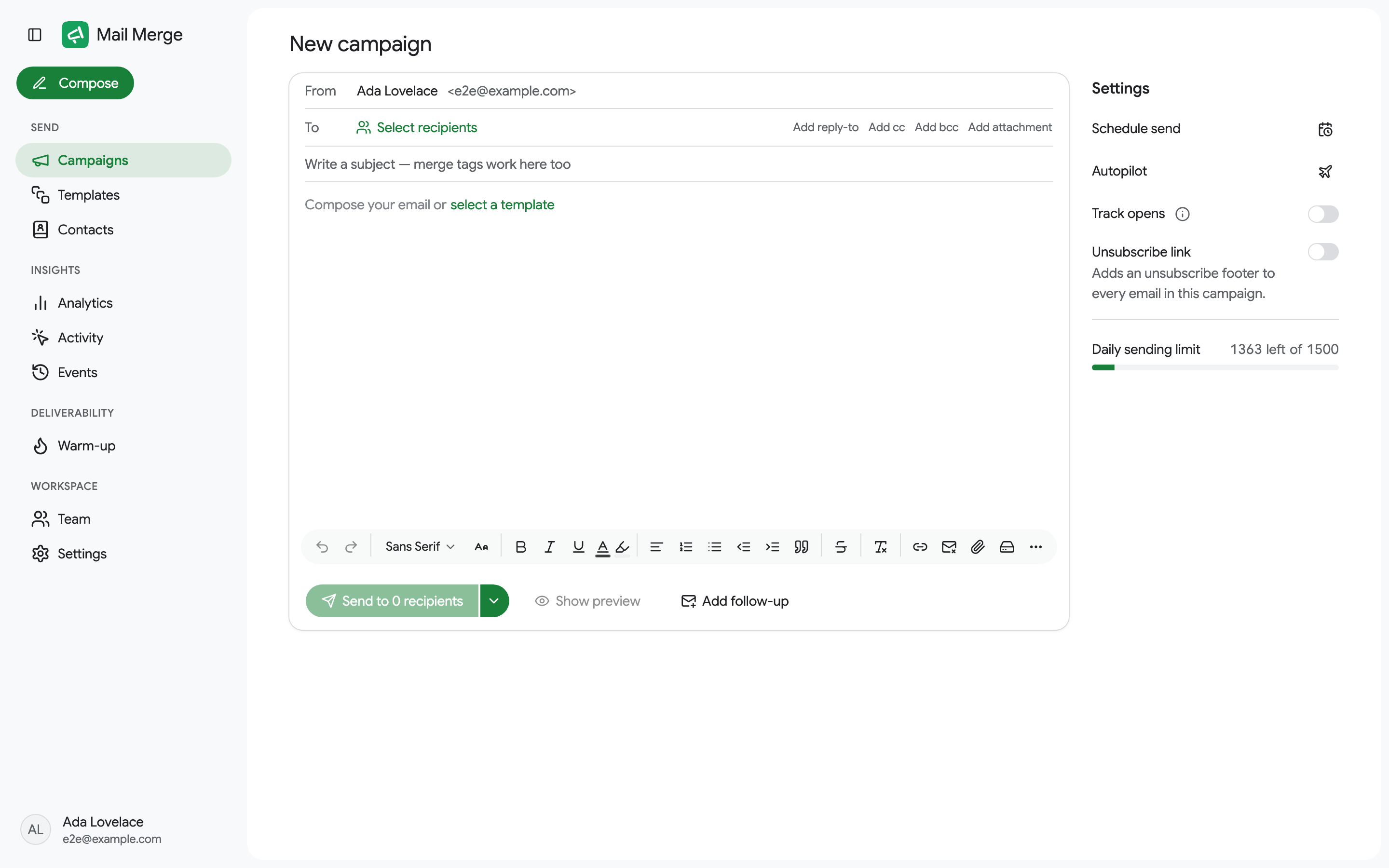 O construtor de campanha vazio no aplicativo web