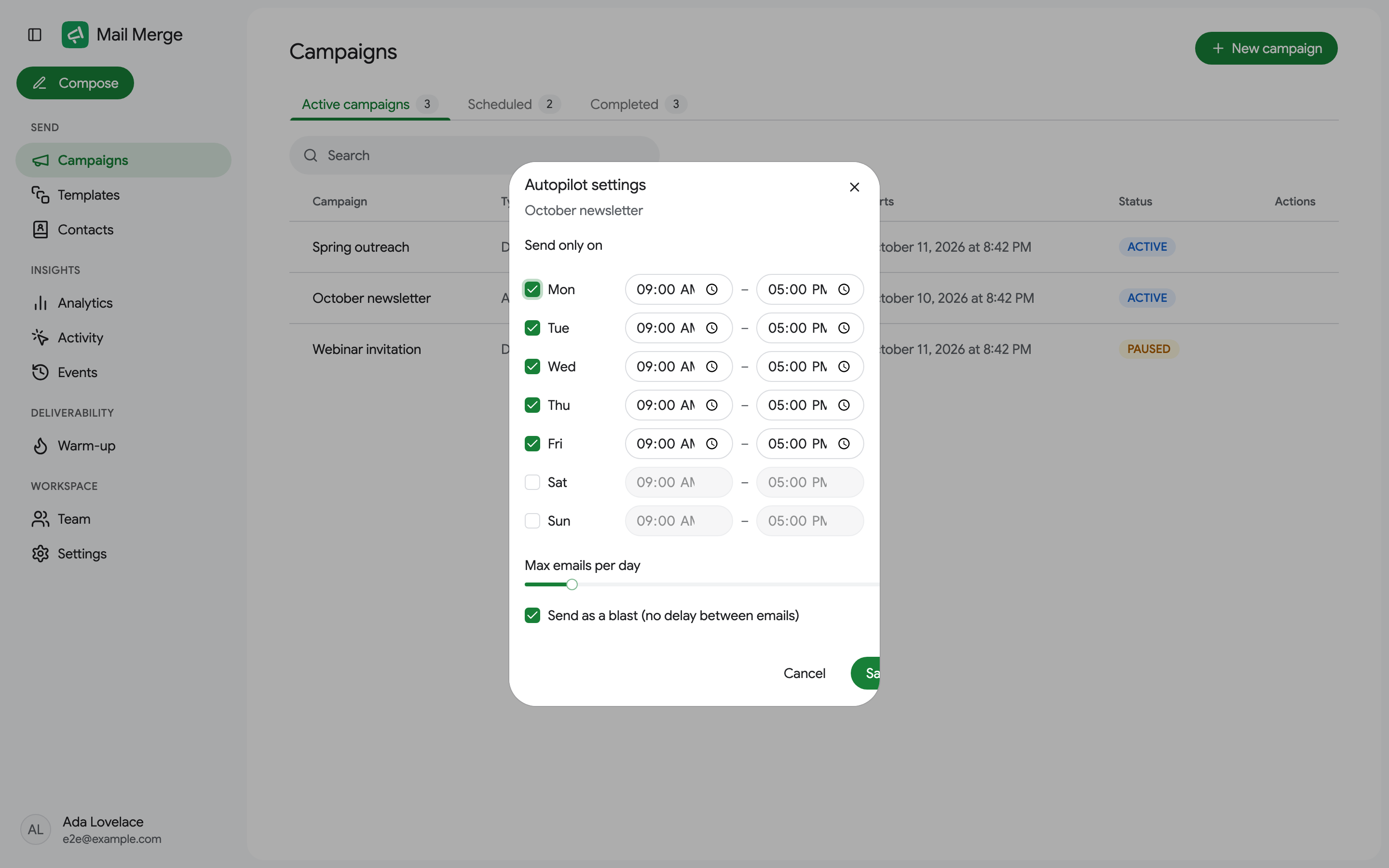 O diálogo de configurações Autopilot de uma campanha em execução
