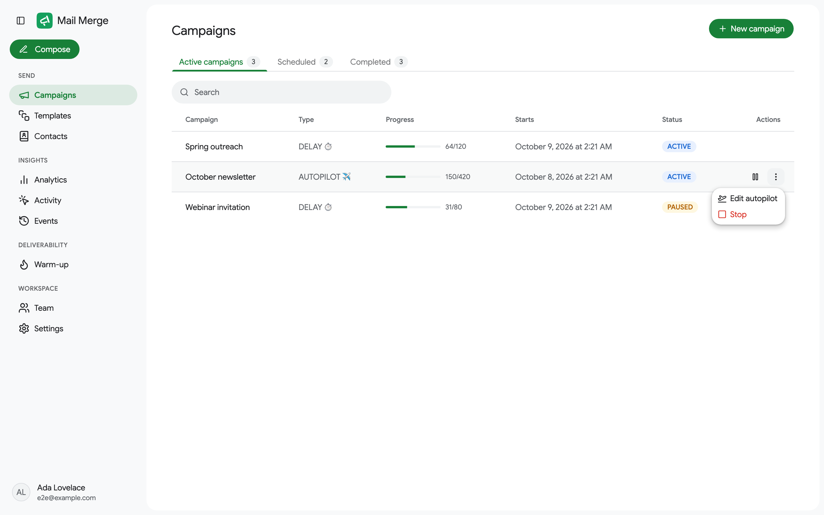 O menu de ações de uma campanha Autopilot
