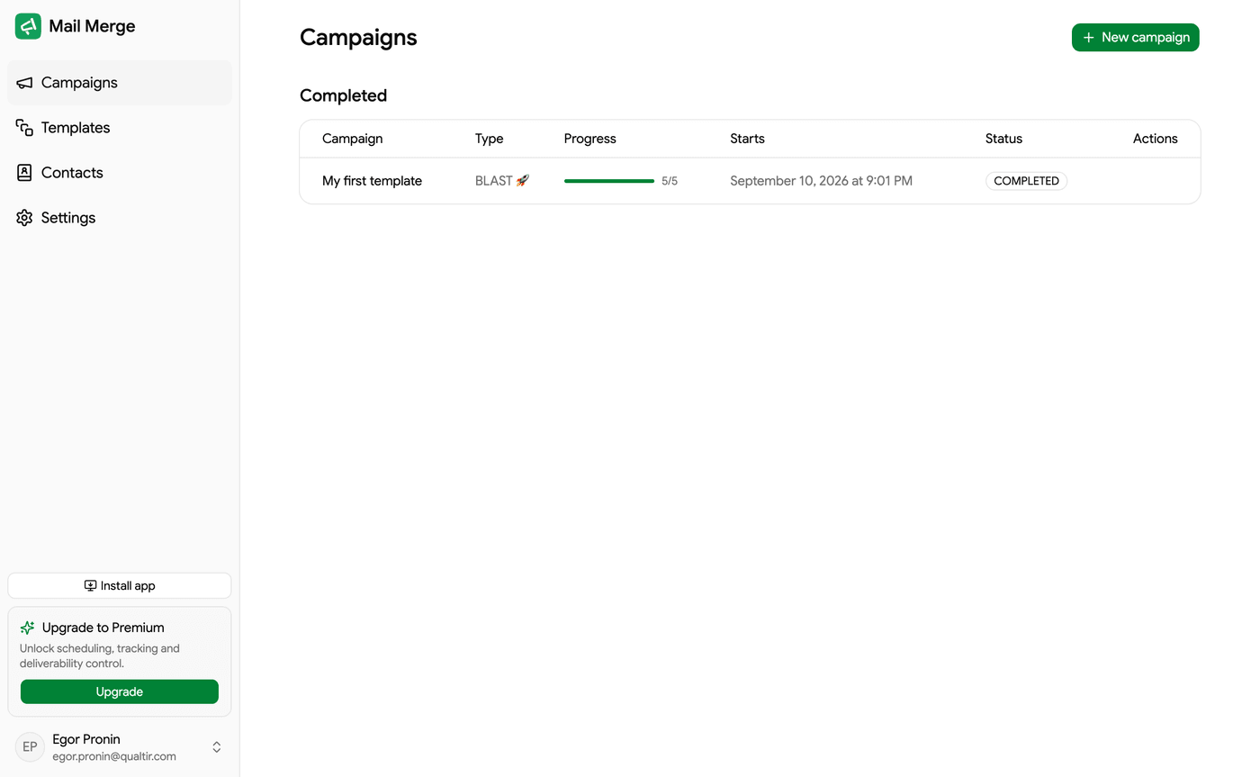 Màn hình Campaigns của ứng dụng web Mail Merge