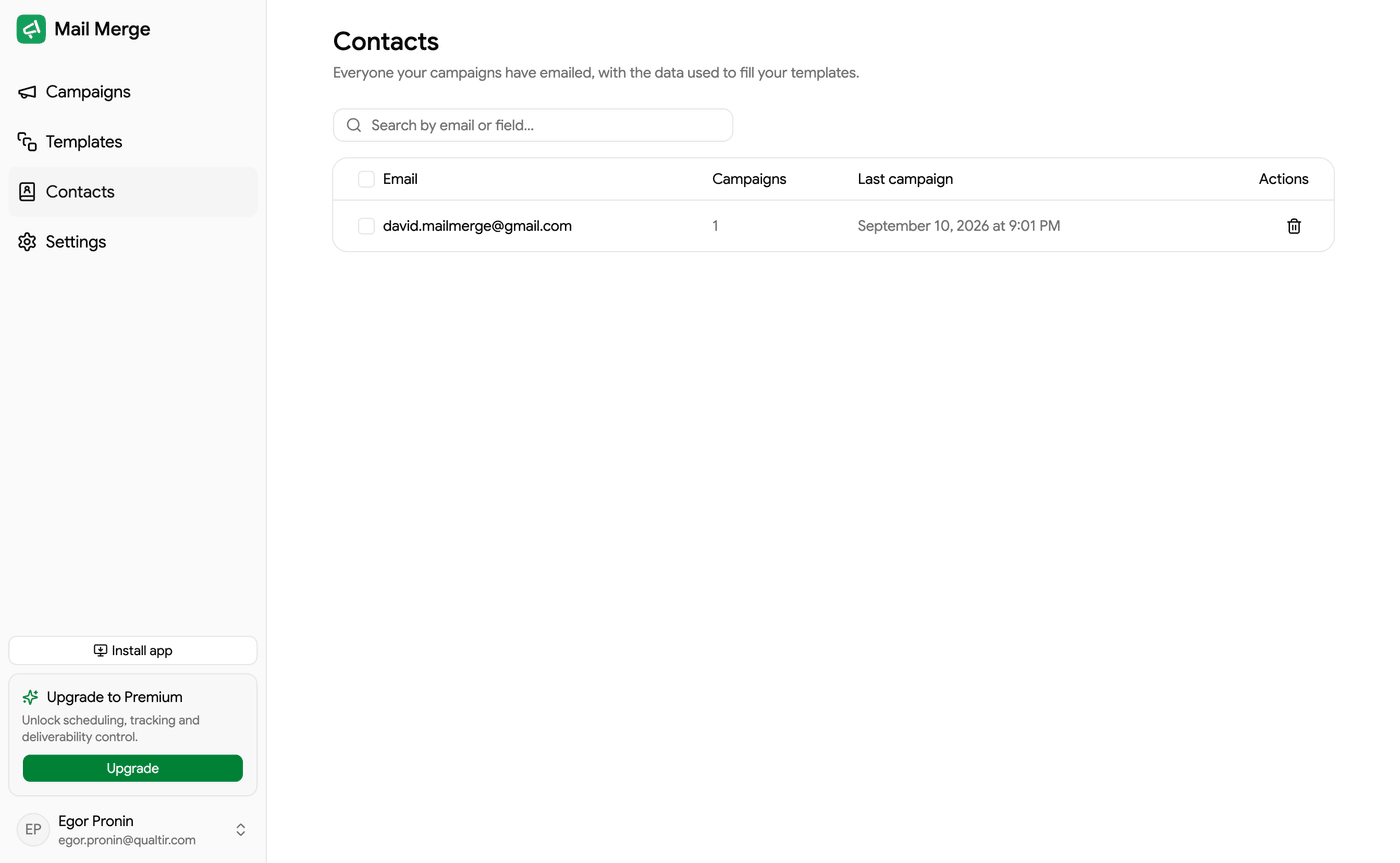 The Contacts screen in the Mail Merge web app