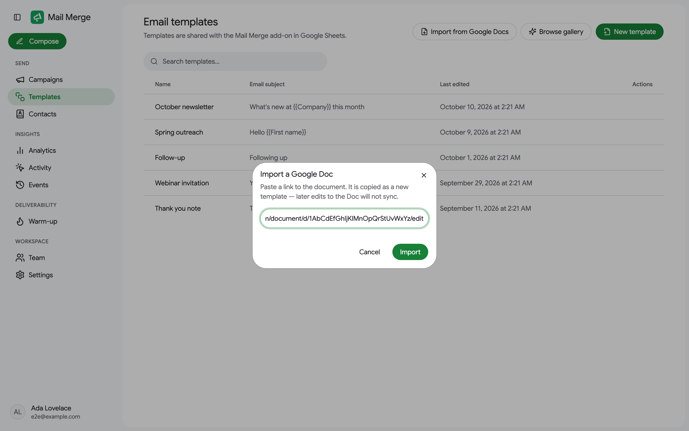 Hộp thoại Nhập Google Doc