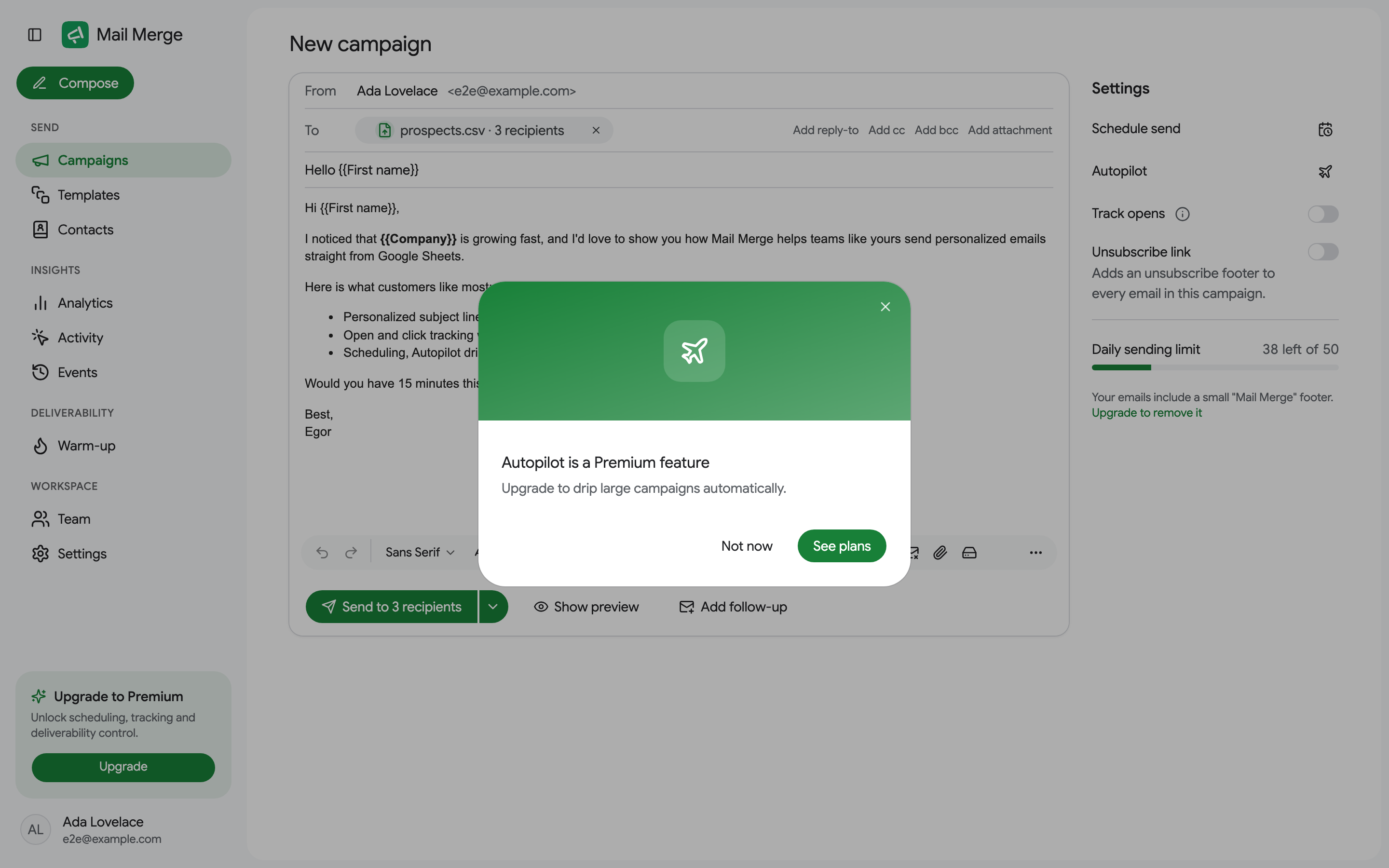 O prompt de upgrade Autopilot em uma conta gratuita