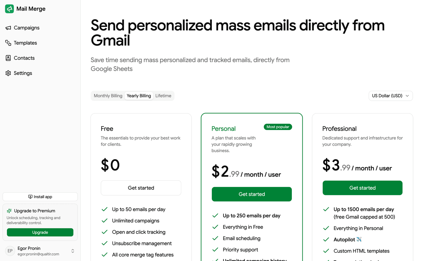 The Pricing page in the Mail Merge web app