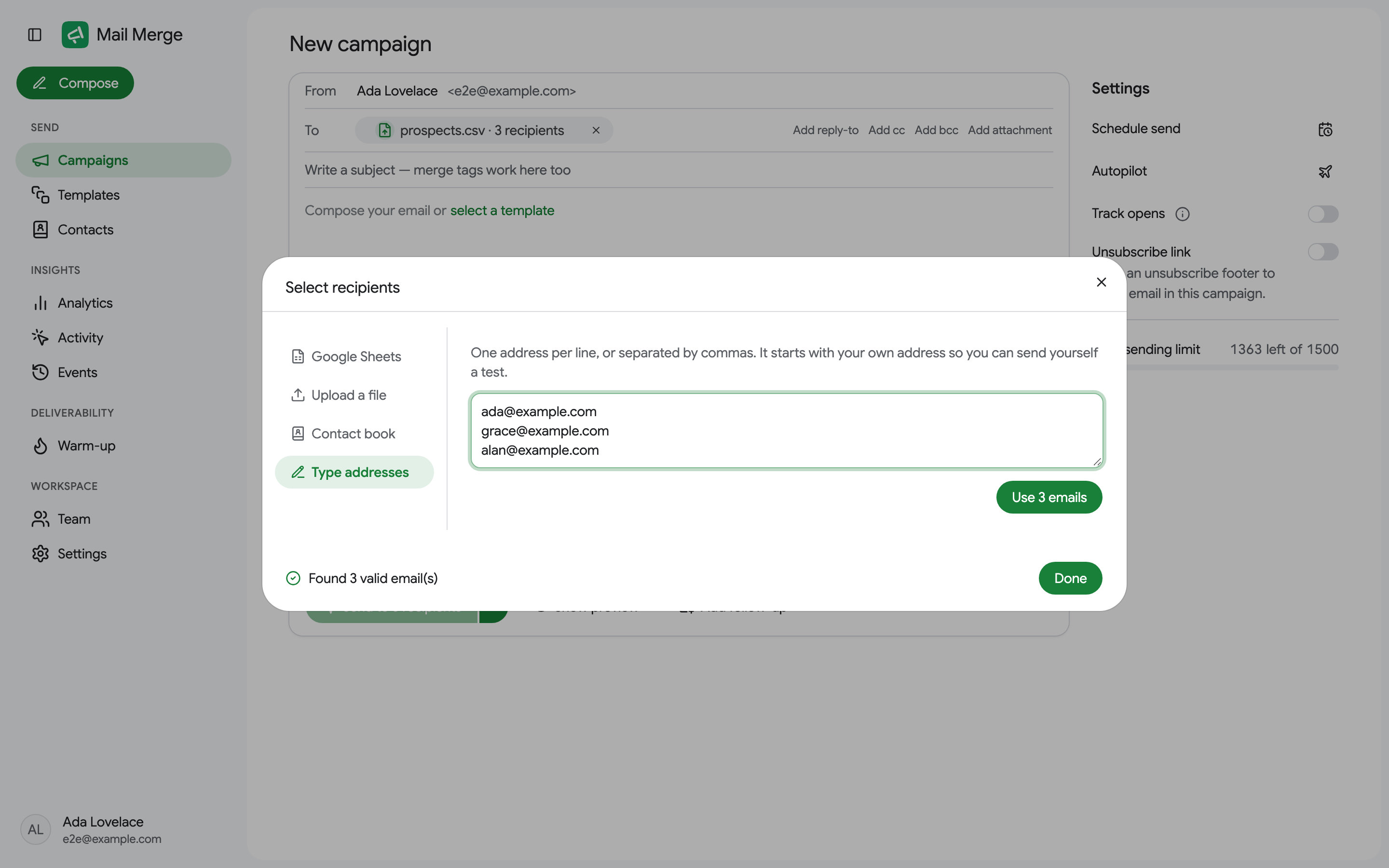 Digitando uma lista de endereços
