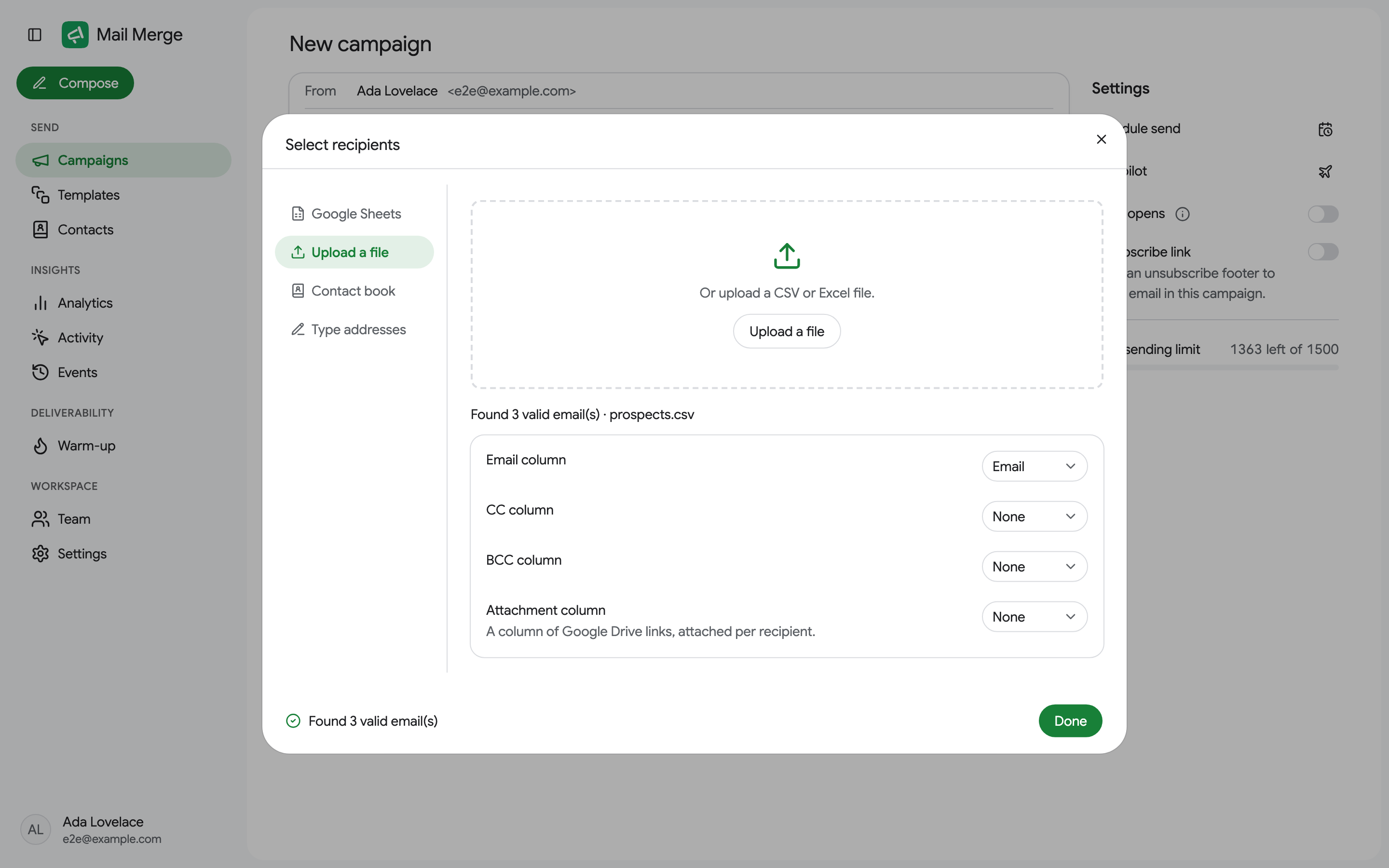 O mapeamento de colunas após enviar um arquivo CSV