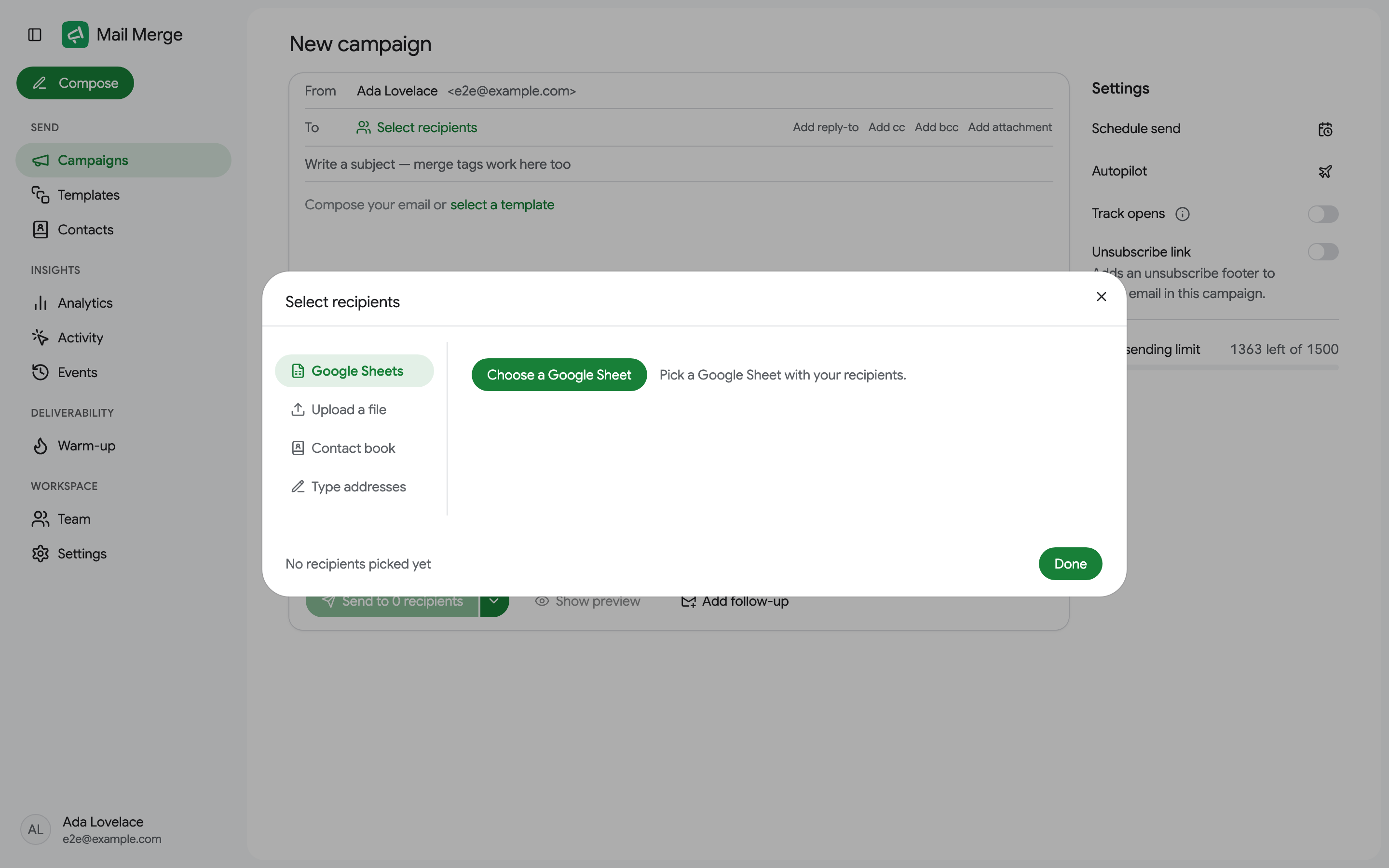 O diálogo de destinatários com a fonte Google Sheets selecionada