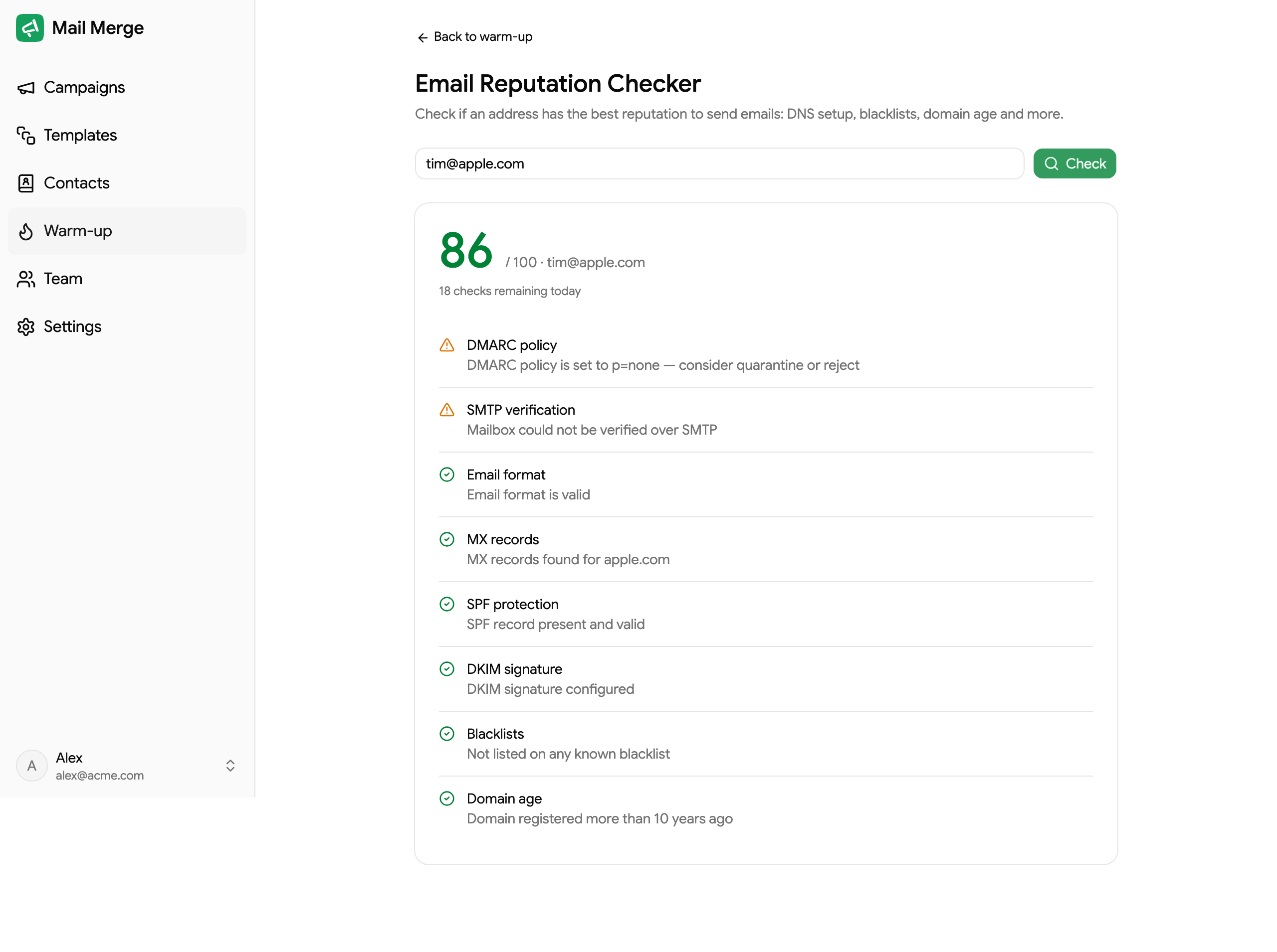 The email reputation checker with a scored result