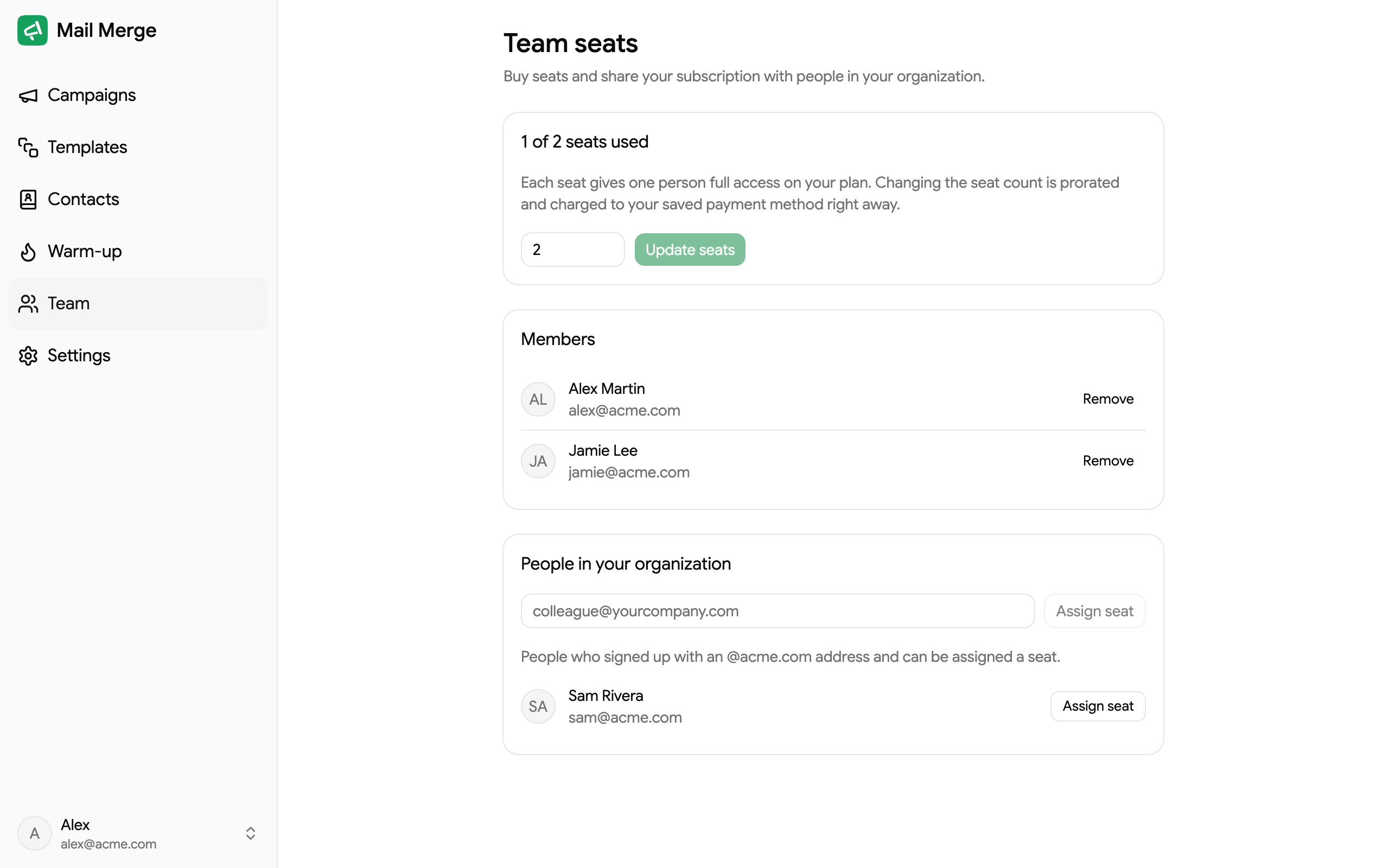 The Team seats screen in the Mail Merge web app