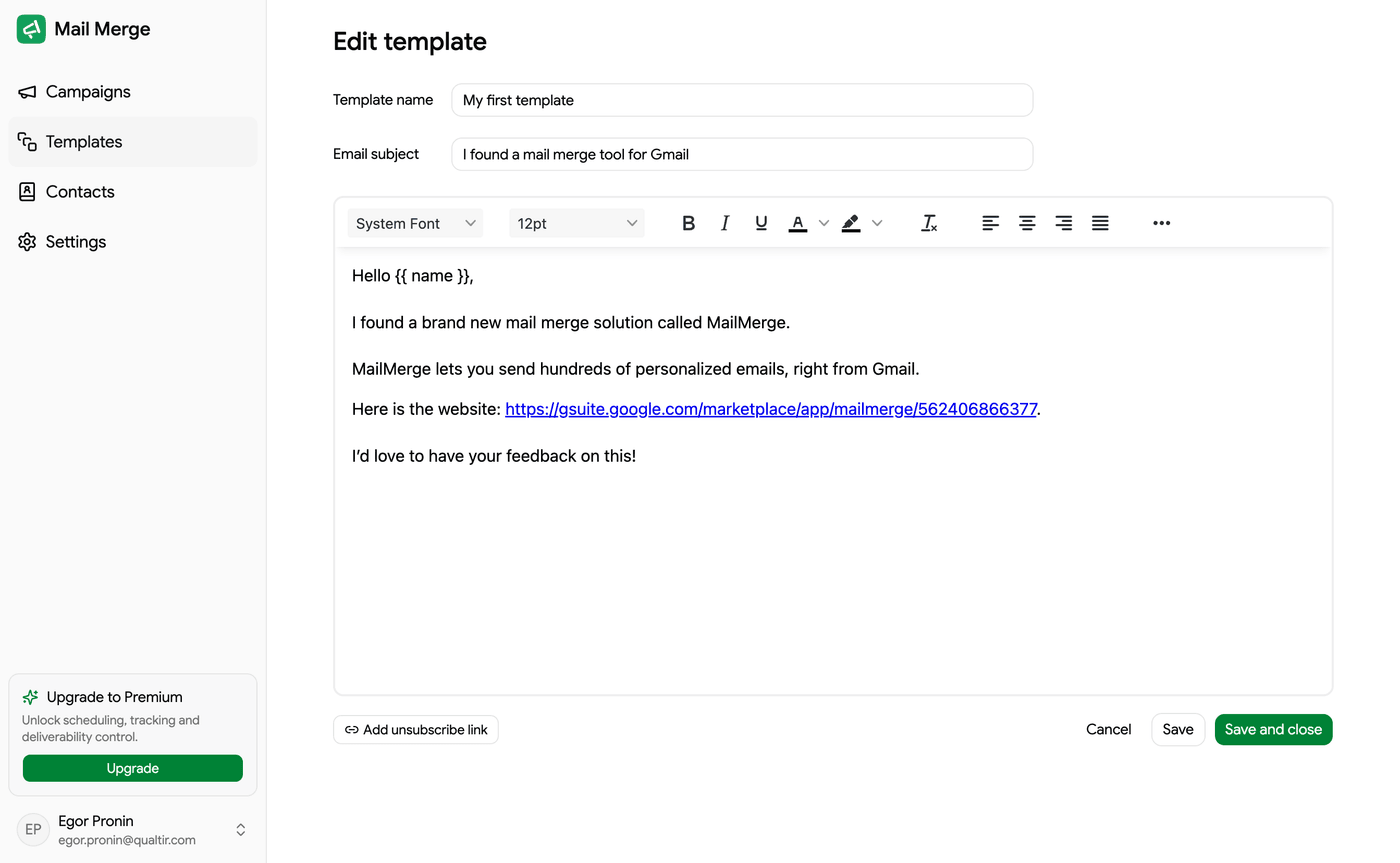 The rich-text template editor