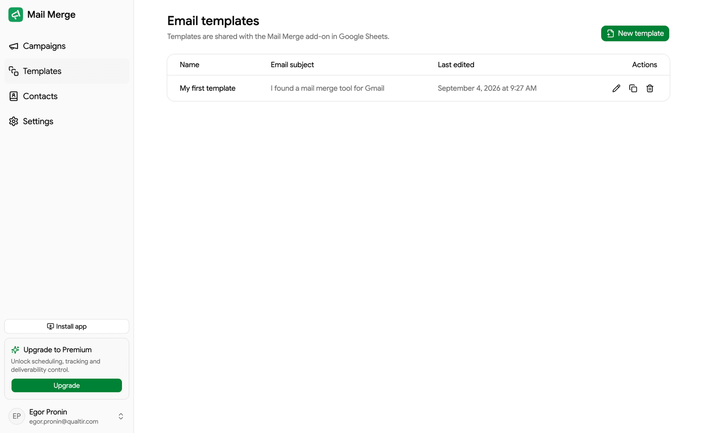 The Email templates list in the Mail Merge web app