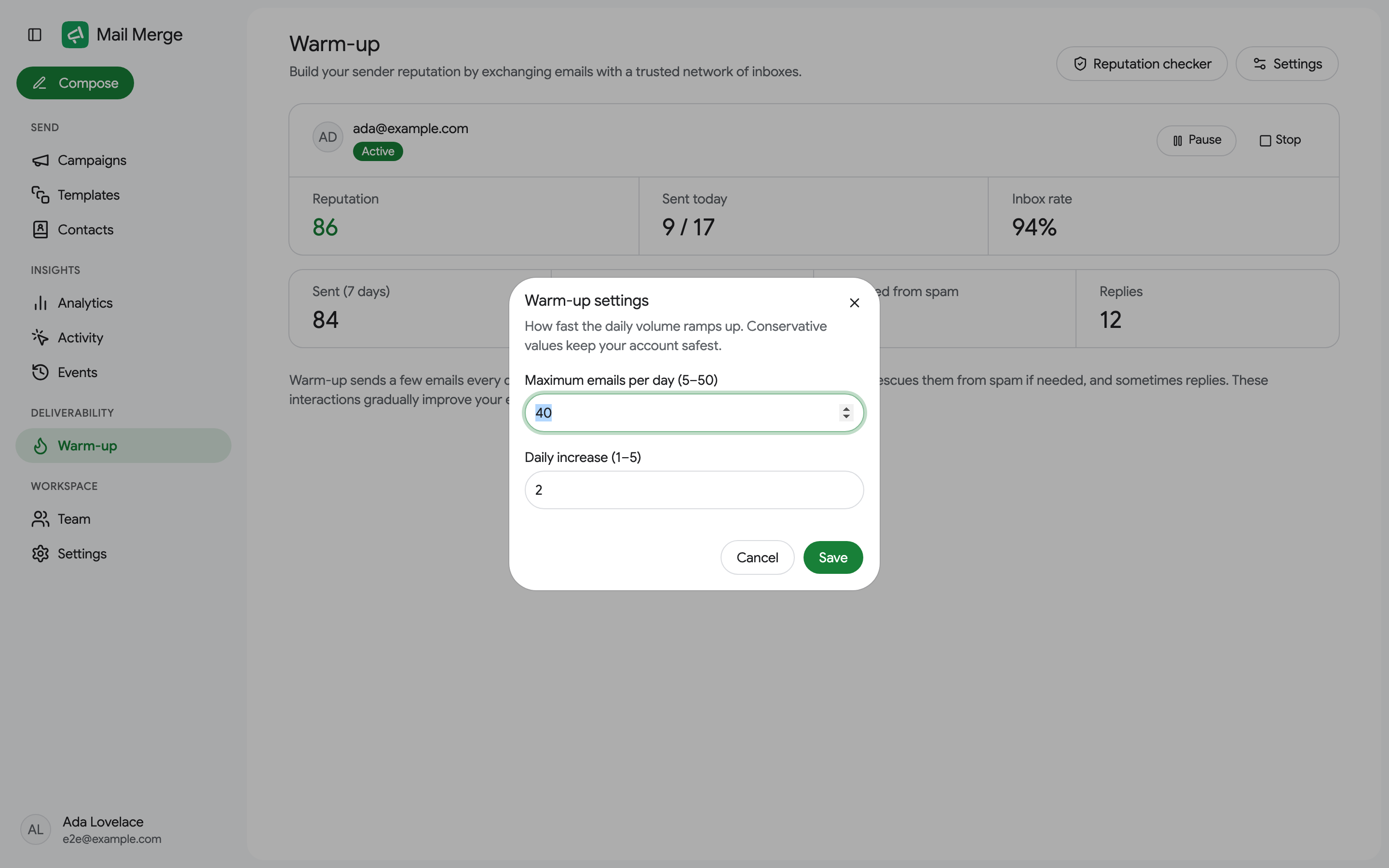 The Warm-up settings dialog