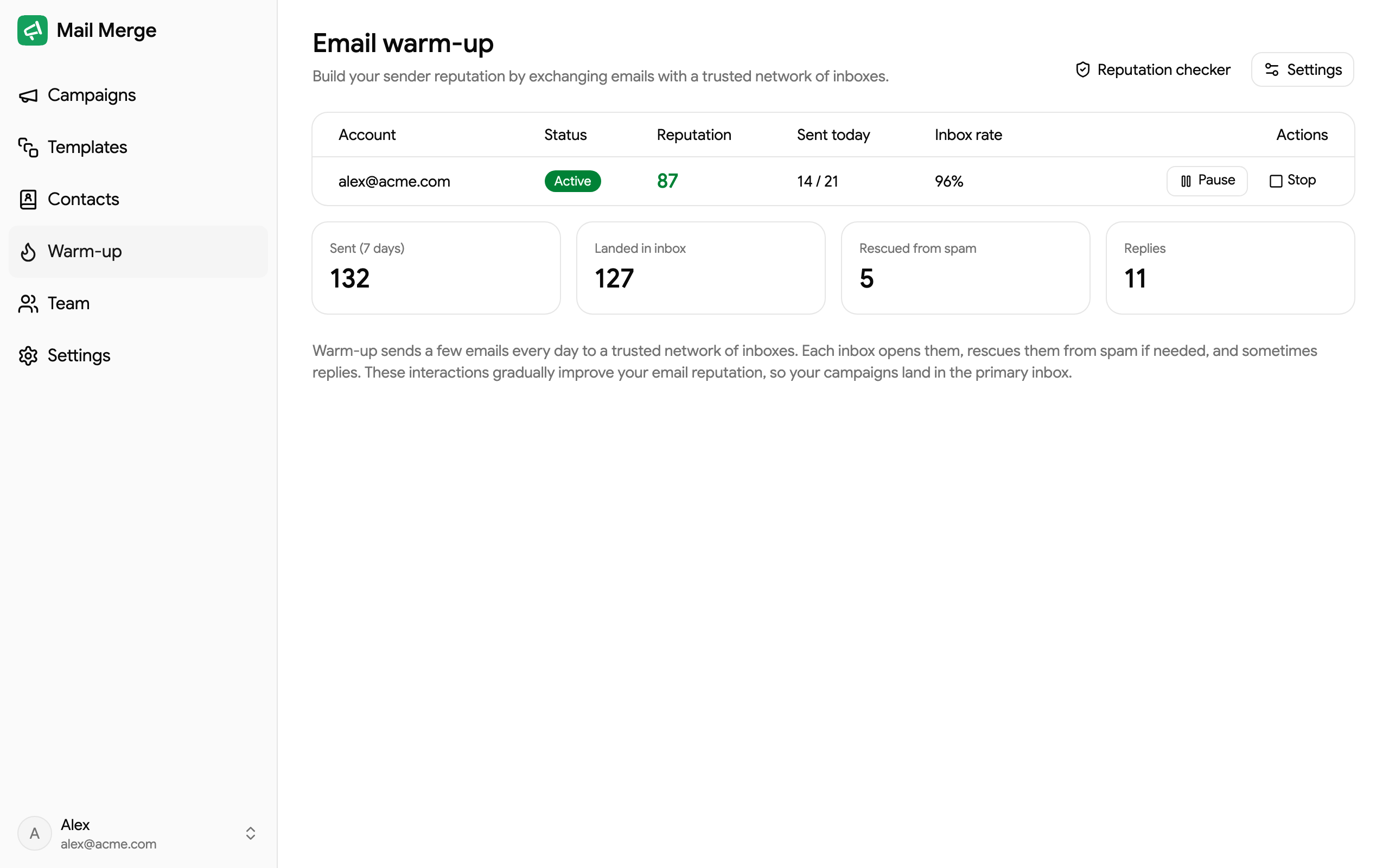 The Email warm-up dashboard in the Mail Merge web app